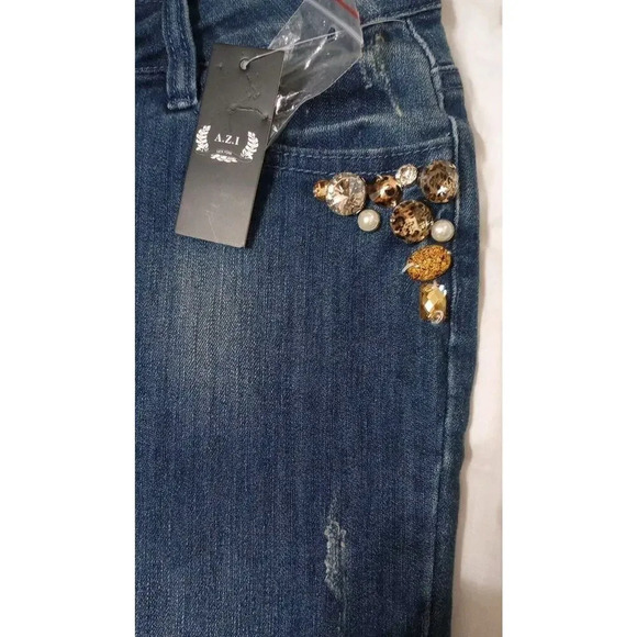 A.Z.I. New York Jeans Sz 4 New Jeweled Mid-rise Raw Hem Distressed Blue Denim - Picture 5 of 10